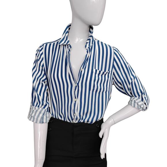 Jane + Delancey Button Down Shirt Small Striped Blue & White Roll Tab Sleeves - Picture 3 of 9